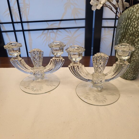 1930s Pair of Duncan Miller Double Candlestick Holder with Etched Flowers - Picture 1 of 7